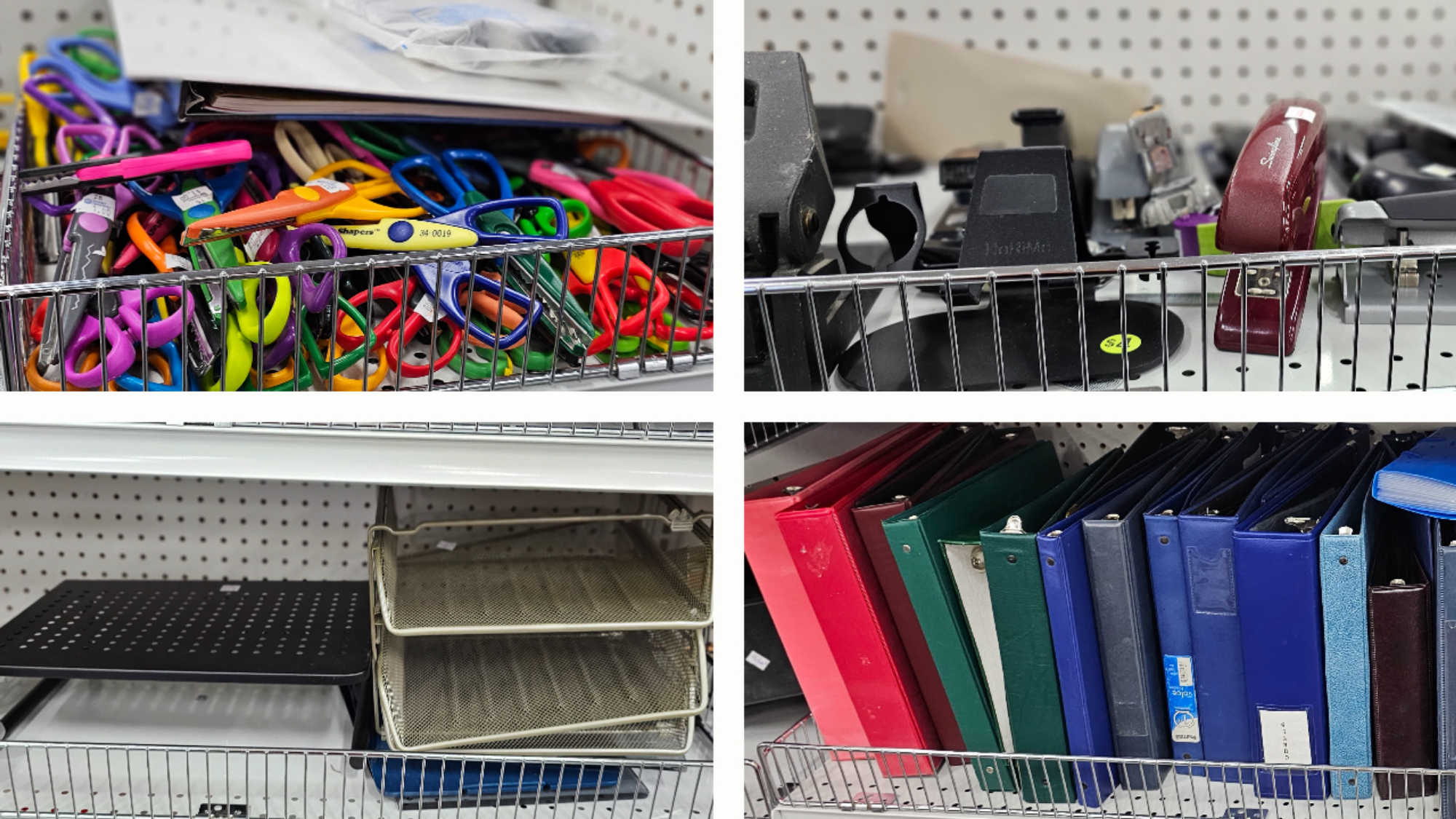 A collage showing various school supplies available at Deseret Industries, including scissors, three-hole punches, staplers, paper trays, and three-ring binders.